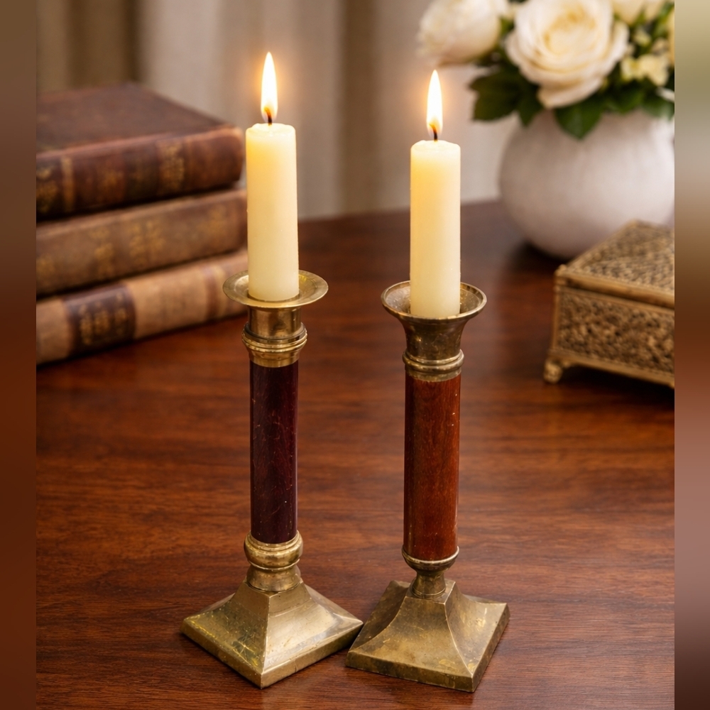 Pair of Vintage Brass and Wood Candlesticks